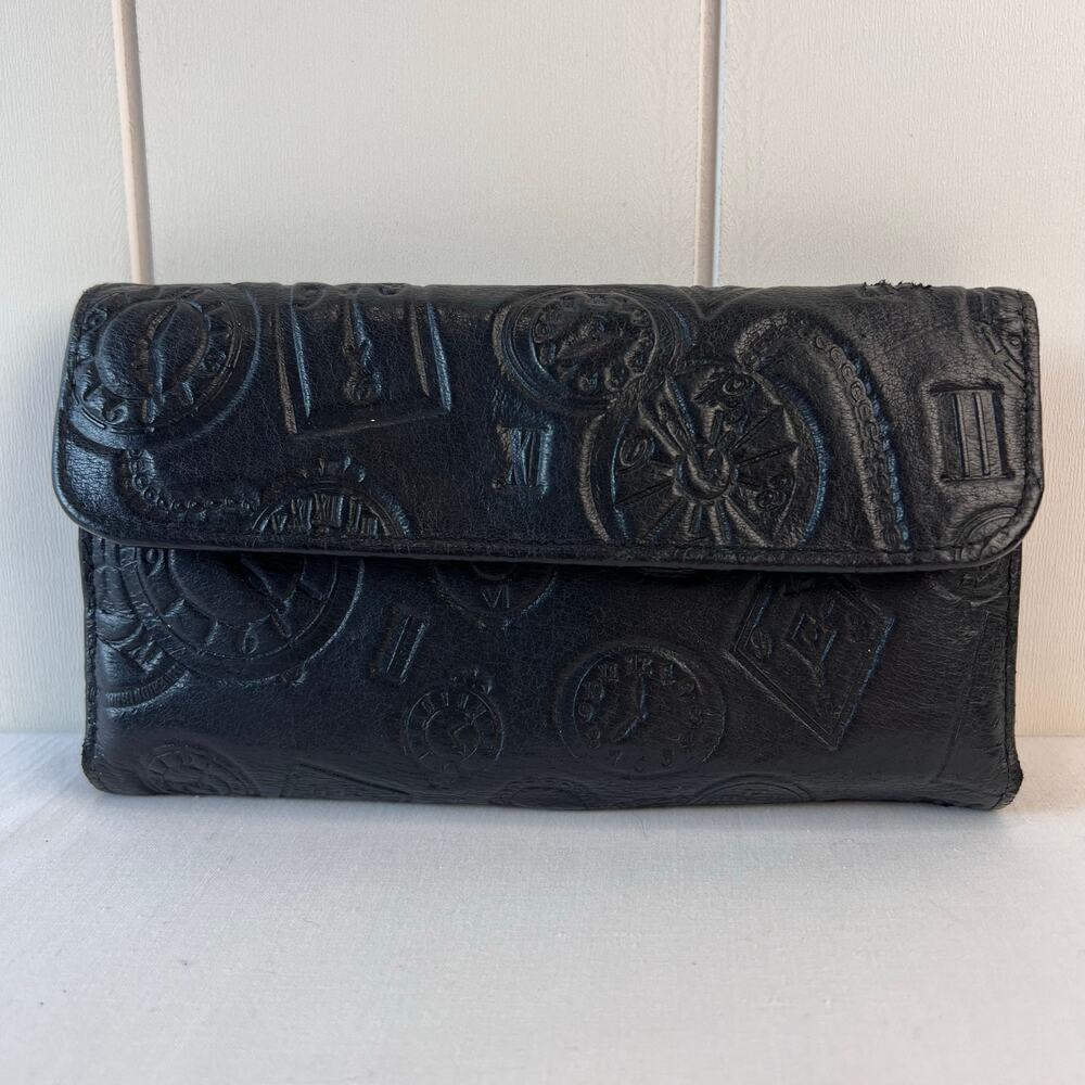 Fiocchi Vintage embossed Clock Watch Black Genuine Leather wallet Italy